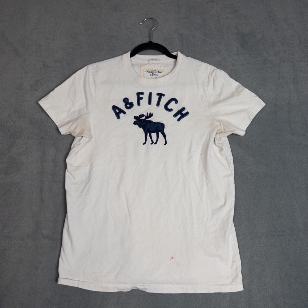 Abercrombie & Fitch T-Shirt Mens L White Fair Vintage Y2K Puffy Logo Moose